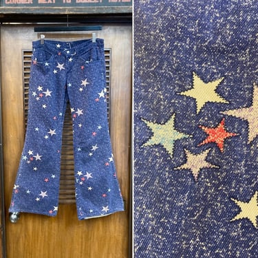 Vintage 1960’s w31 Levi’s Star Print Hip Hugger Glam Mod Hippie Denim Flare Jeans Pants, Bell Bottoms, 11 1/2” Wide Flare 