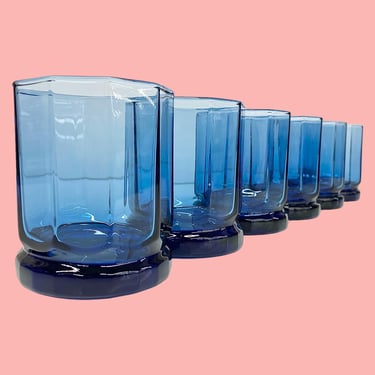 Vintage Anchor Hocking Drinking Glasses Retro 1980s Contemporary + Essex Blue + Glass + Set of 6 + Decagon Shape + Water Tumblers + Kitchen 