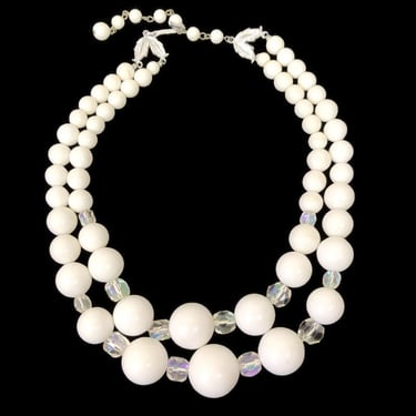 VINTAGE 50s White and Clear Graduated Big Bead 2 Strand Choker Necklace JAPAN | 1950s Mid Century Bauble Bib Necklace | VFG 