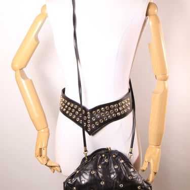 1980s Black Leather Gold Metal Rhinestone Bedazzled Shoulder Bag Purse with Matching Rhinestone Leather V Shaped Belt by Isabel 