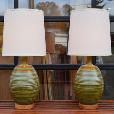Gorgeous Pair of Pottery Lamps in Teal & Green Stripes w/ Barrel Shades