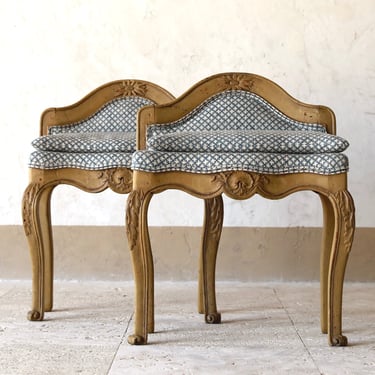 Pair of Painted Carriage Stools from Rouen Circa 1730 Upholstered in Namay Samay