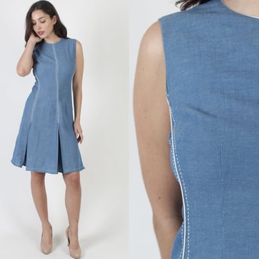 Minimalist 1960's Kick Pleat Mini Skirt Dress, Needle Point School Uniform Dress, 70's Plain Monochrome Sky Blue Short Frock 