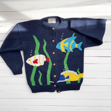 vintage Cotton Salsa navy blue tropical fish ocean hand knit cardigan 