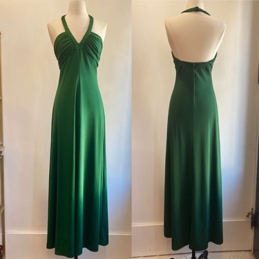 Vintage 70s Maxi Dress / Sexy Backless Halter Dress / Long and Lean  / Empire Waist + Ruched Bust + Model Length 