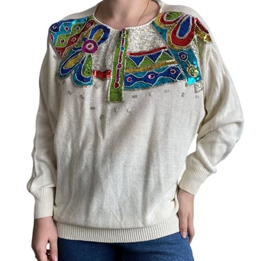 Vintage 80s Womens NWT Hand Embroidered Rainbow Beaded Sequin Retro Sweater XL 