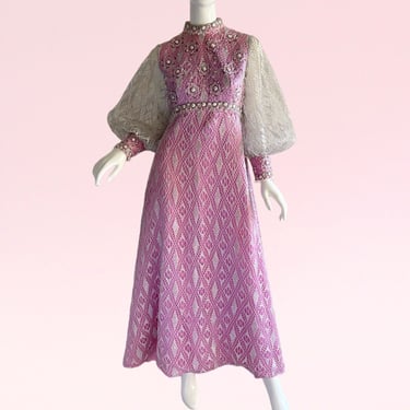 1960s Vintage Beaded Metallic Rhinestone Lace Wedding Gown, Victorian Bohemian Lavender Empire  Maxi Small 