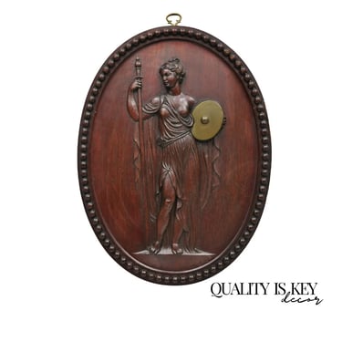 Antique Classical Oval Carved Mahogany Figural Goddess Wall Sculpture Plaque