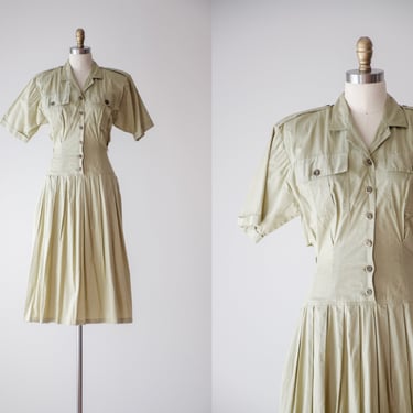 tan midi dress | 80s vintage beige cotton khaki drop waist pleated dress 