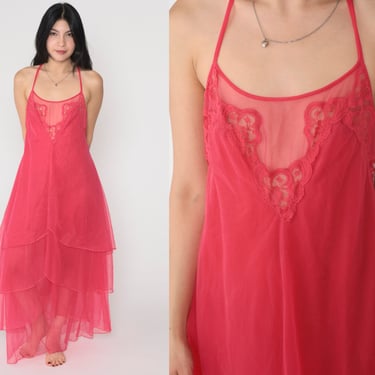 Pink Nightgown 70s Lingerie Slip Dress Tiered Ruffled Nylon Lace Nightie Midi Boho Long Fairycore Sleeveless Flowy Vintage 1970s Small S 