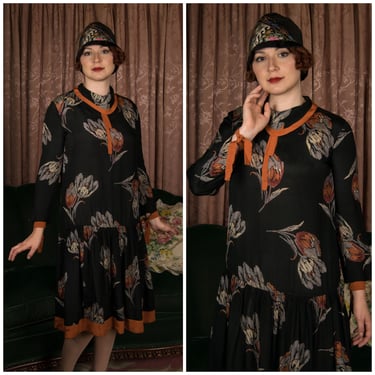 1920s Dress - Fantastic Dark Floral Tulip Print Silk 20s Drop Waist Day Dress with Orange Trim 