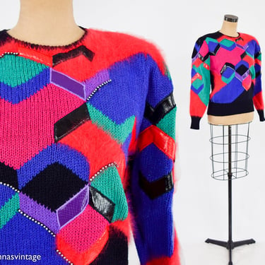 1980s Colorful Evening Sweater | 80s Red & Purple Geometric Pullover | Christine | Large 