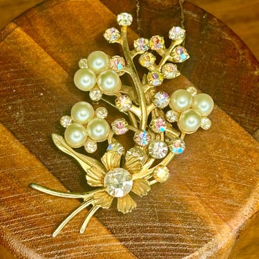 Vintage Aurora Borealis Imitation Pearl Brooch Floral Spray Retro Jewelry 