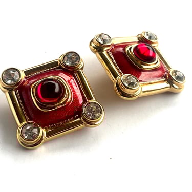 SIGNED Designer Red Enamel Cabochon Clip On Earrings, Gold and Red Enamel Clip On Earrings, Cabochon Square 90s Earrings, Designer Earrings 