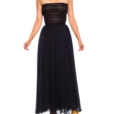 1980S Oscar De La Renta Black Silk Chiffon  Lace Strapless Gown Xs 