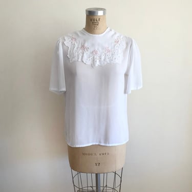 Sheer White Blouse with Oversized, Embroidered Bib Collar - 1980s 