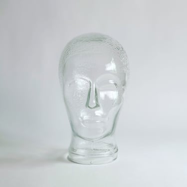 MCM Glass Mannequin Head, Clear Glass with Textured Hair, Hat or Glasses Display, Vintage 1970's 