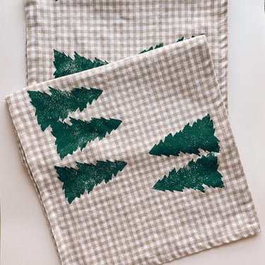 forest trees on oatmeal gingham. hand block printed table runner. linen tablecloth. boho christmas decor. holiday party. winter botanic. 