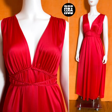 Sexy Vintage 60s 70s Red Grecian Style Long Nightgown 