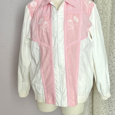 Patchwork Embroidered Jacket, Gingham Pink, Windbreaker, Unisex, Grandma Core, Vintage 