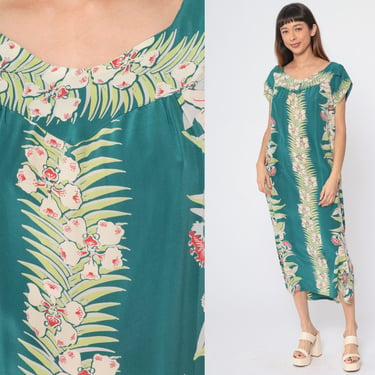 Tropical Silk Dress Y2K Avanti Sundress Green Floral Leaf Print Midi Dress Short Tulip Sleeve Orchid Flower Beachy Boho Vintage 00s Large L 