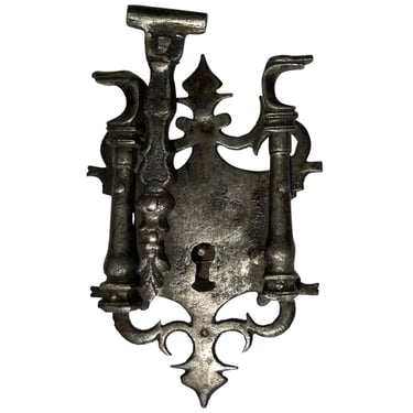 1600's Early Spanish Baroque Period Iron Lock Box w Hasp Furniture / Trunk Lock Integrated Escutcheon and Hasp Keyhole Antique Vintage Steel 