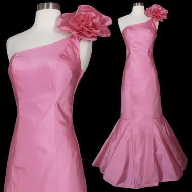Vintage 70s Solid Pink One Shoulder Trumpet Skirt Flared Full Prom Party Maxi Dress Gown S Small Candy 