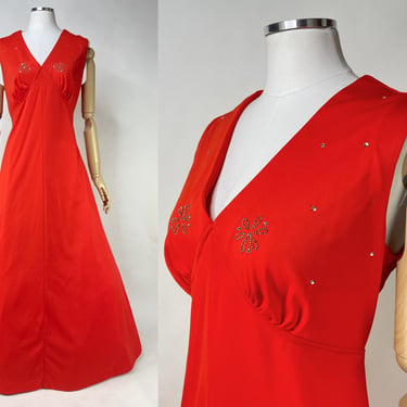 Vintage 60s-70s Red-Orange w Rhinestone Chest Long A Line Maxi Dress Handmade Size M/L | Evening Gown, Formal Event, Prom, Disco, Groovy 