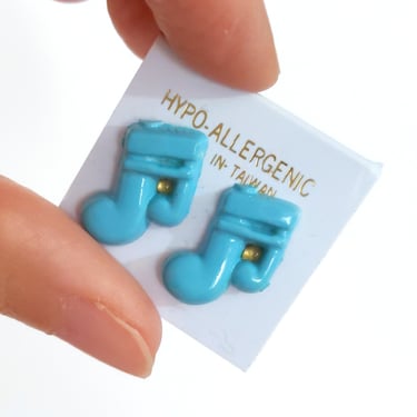 Super Cute Small Vintage 80s Turquoise Blue Musical Notes Stud Earrings 