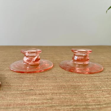 Vintage Pink Depression Glass Etched Candlestick Holders - Set of 2 - Floral Design 