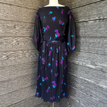 black floral disco dress 1970s falling neon flowers plus size dress XL 