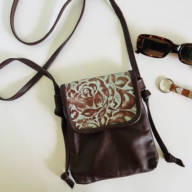 Vintage Soft Genuine Leather Tooled Rose Small Western Crossbody Bag 