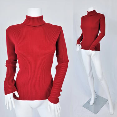 1970's Merlot Red Ribbed Acrylic Turtle Neck  Zip Up Knit Sweater I Sz Med 