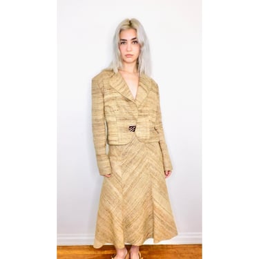 Chloe Silk French Two-Piece Set // vintage brown beige skirt blazer dress 70s blouse boho hippie hippy high waist // M Medium 