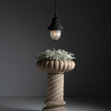 Industrial Holophane Pendant / Vincenzi Stone Urn on Spiral Column