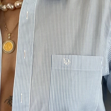 80s Dior button down shirt / vintage Christian Dior Monsieur baby blue white cotton pinstripe oversized mens boyfriend monogram shirt | L 
