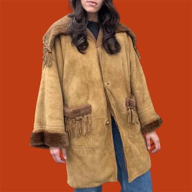 Vintage Suede Coat Retro 1980s Christia by Hank + Size 36 + Fringe + Tan + Brown + Large Collar + Shearling Lined + Womens Outerwear 