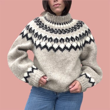 Vintage Sweater Retro 1970s No Size + Hand Knit + Fair Isle + Icelandic Wool + Greyish Brown + Black and Ivory + Norweigan +  Unisex Apparel 