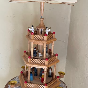 Vintage Lovely 3 Tier Wooden Christmas Windmill Pyramid Nativity Candle Holder-18 3/4" 