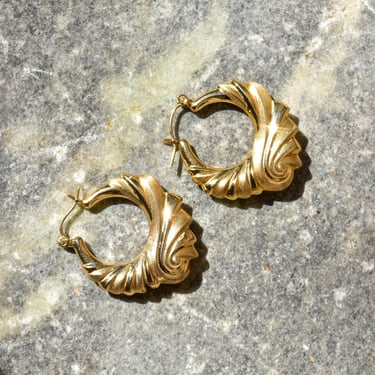 Modernist 14K Brushed Swirl Hoop Earrings, Puffed Yellow Gold Spiral Hoops, Estate Jewelry, 30mm 