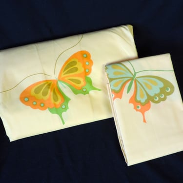 hanae mori butterfly sheet set 1970s yellow queen fitted flat + pillowcase percale sheets / linens 
