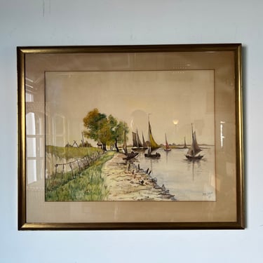 1940's Harry Isaccson Impressionist Harbor Scene Watercolor Painting, Framed 