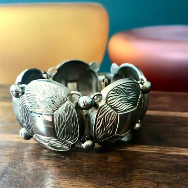 Vintage Silver Plate Bracelet Chunky Cuff Textured Square Links Retro Fashion 