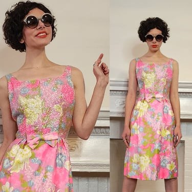 60s Pink Sequined Party Dress w-Floral Print, Sleeveless S by Mardi Gras 