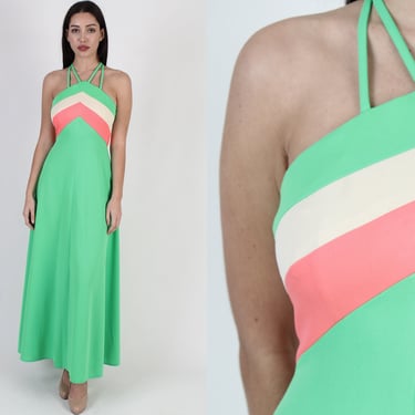 70s Sexy Disco Lounge Party Dress, Vintage Chevron Striped Halter Grecian Maxi 