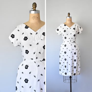 Ida black and white floral linen dress, 1950s dress, floral dress, vintage dresses for women, 1960s dress 