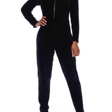 1980S Black Cotton Blend Stretch Velvet Long Sleeve Stirrup Pant Jumpsuit With Gold Studs 