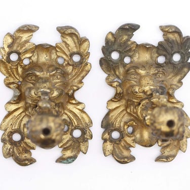 Pair of Ornate Brass Lion Head Brackets