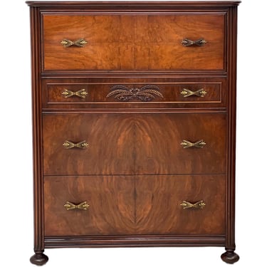 Free shipping within Continental US - Vintage Regency Style Walnut and Mahogany Burl Wood Dresser with Ornate Handles and Details 