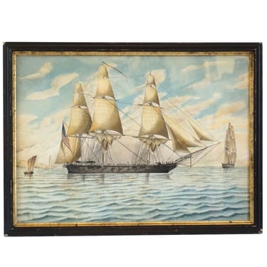 1850's Antique Signed American School Watercolor on Paper Painting, Portrait of Clipper Sailing Ship Framed Original Art 